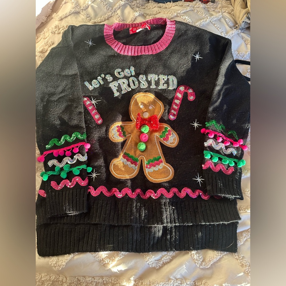 Festive Black Sweater with Gingerbread Design
